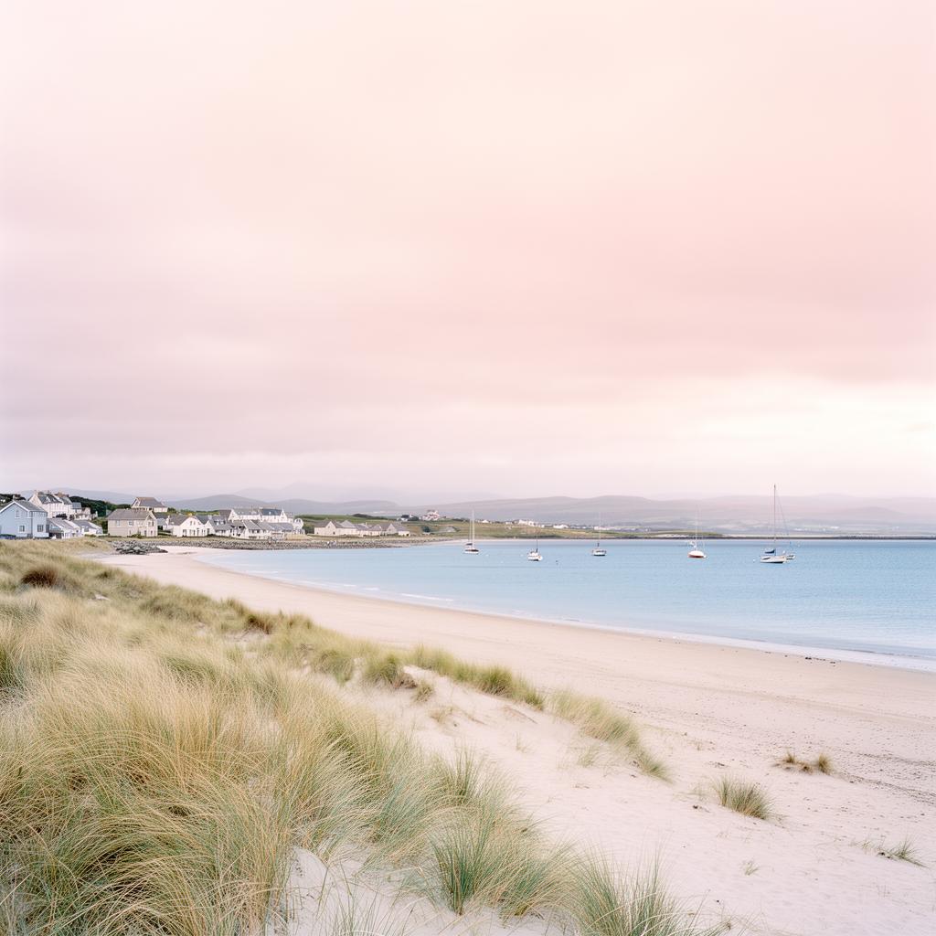 Findhorn Bay at dusk with pastel sky, white sand beach and moored sailboats