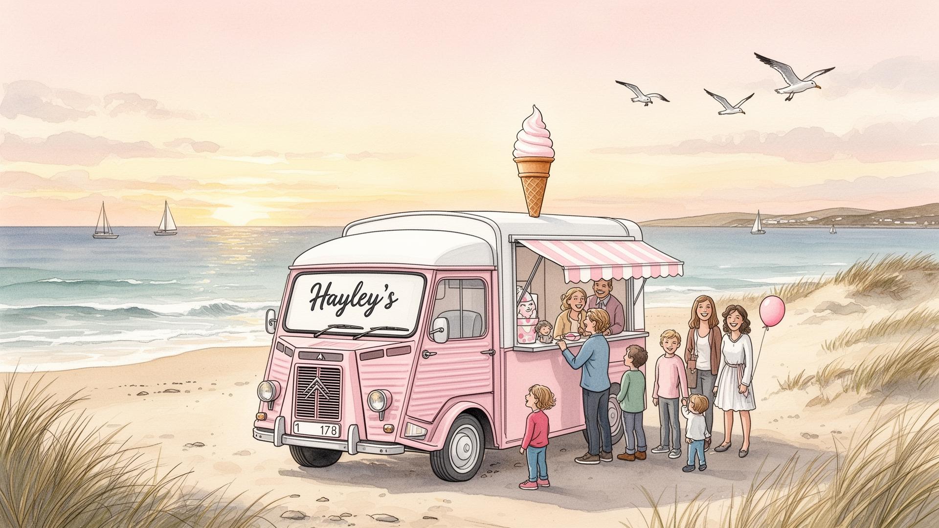 Hayley's pink ice cream van parked on Findhorn beach at golden hour, with seagulls overhead and a small queue of happy customers